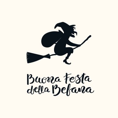 Hand written Italian lettering quote Buona Festa della Befana, Happy Epiphany, with flying witch. Isolated objects on white. Hand drawn vector illustration. Design concept, element for card, banner. clipart