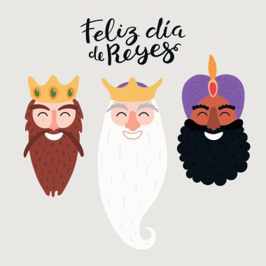 Üç Kral portreler, İspanyol alıntı mutlu Kings gün izole beyaz arka planda, düz stil tasarım Epiphany kartı ile çizilmiş vektör çizim el
