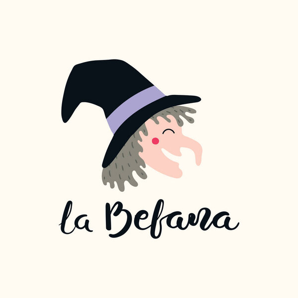Hand written Italian lettering quote La Befana, Epiphany witch with head drawing Isolated on white background. vector illustration. Design concept, element for card, banner.