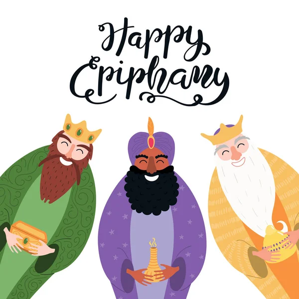 Ilustración Vectorial Dibujada Mano Tres Reyes Oriente Con Regalos Cita — Archivo Imágenes Vectoriales