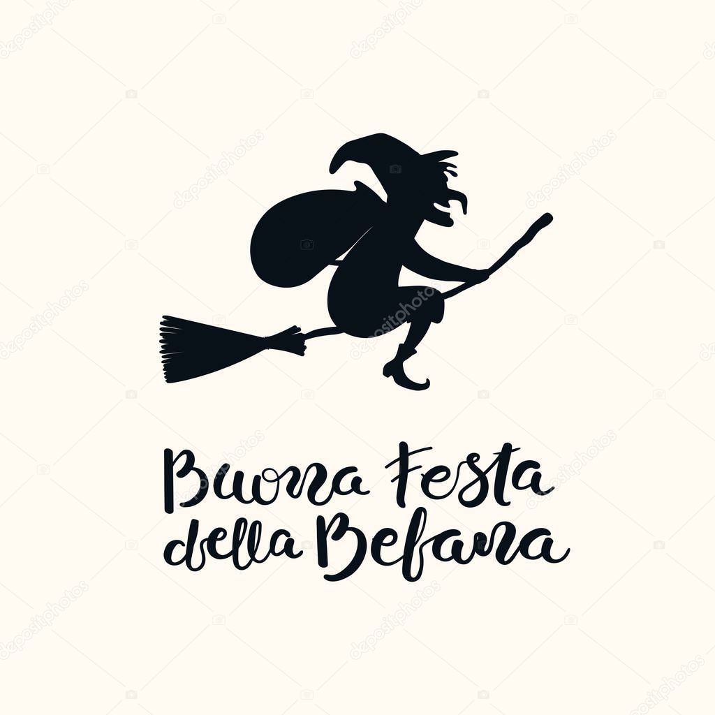 Hand written Italian lettering quote Buona Festa della Befana, Happy Epiphany, with flying witch. Isolated objects on white. Hand drawn vector illustration. Design concept, element for card, banner.