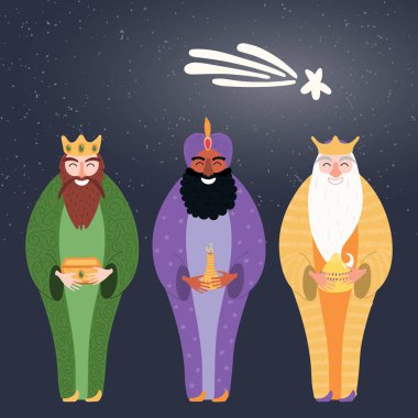 Hand drawn vector illustration of three kings of orient with gifts and star. Flat style design, elements for Epiphany card clipart