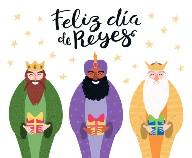 Hand drawn vector illustration of three kings with gifts and Spanish quote Happy Kings Day. Flat style design, elements for Epiphany card clipart