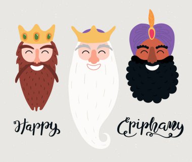 Hand drawn vector illustration of three kings of orient portraits with lettering quote Happy Epiphany on gray background. Flat style design clipart