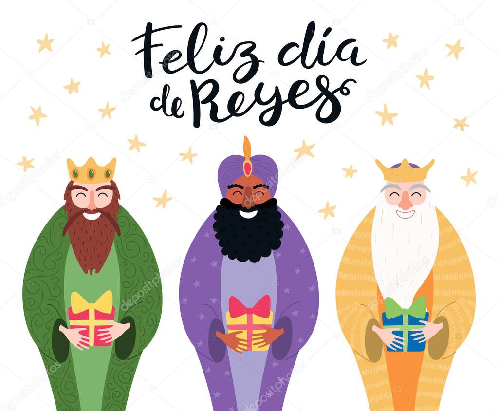 Hand drawn vector illustration of three kings with gifts and Spanish quote Happy Kings Day. Flat style design, elements for Epiphany card