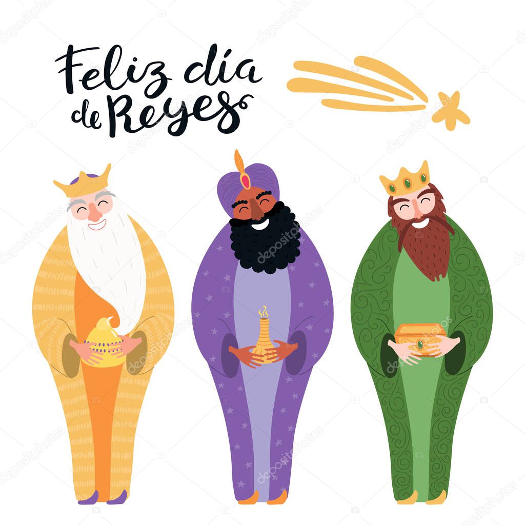Hand drawn vector illustration of three kings with gifts and Spanish quote Happy Kings Day. Flat style design, elements for Epiphany card  
