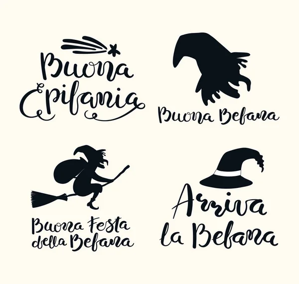 Conjunto Citas Escritas Mano Letras Epifanía Italiano Con Brujas Aisladas — Vector de stock