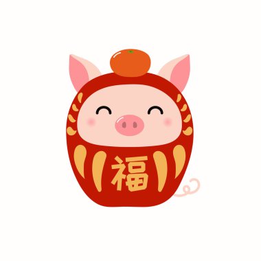 El şirin daruma bebek domuz ile Japonca kanji için iyi bir servet, turuncu vektör çizim çekilmiş. Kavram 2019 yeni yıl tebrik kartı