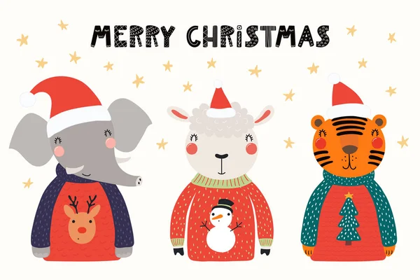 Handgezeichnete Vektorillustration Von Niedlichen Tieren Weihnachtsmützen Und Pullovern Mit Text — Stockvektor