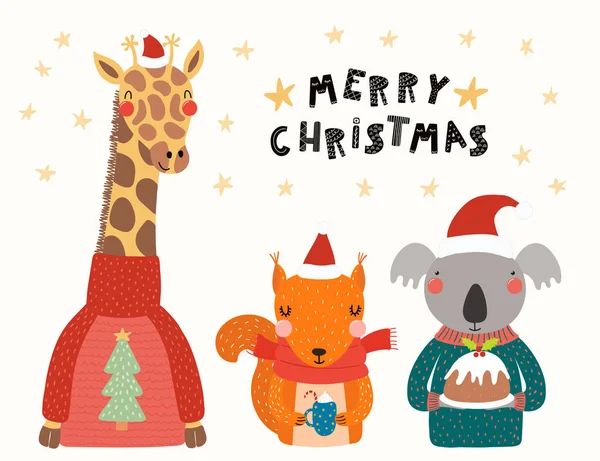 Handgezeichnete Vektorillustration Von Niedlichen Tieren Weihnachtsmützen Und Pullovern Mit Text — Stockvektor