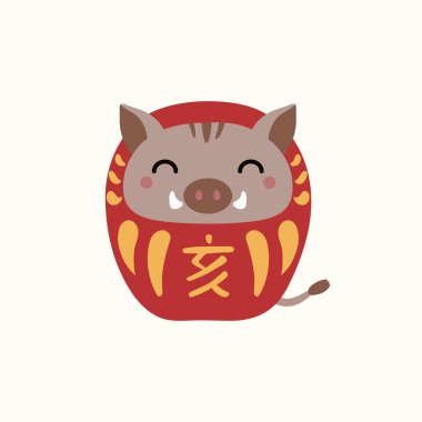 Kawaii daruma bebek yaban domuzu yaban domuzu için Japonca kanji ile yeni yıl tebrik kartıyla 2019. Vektör çizim. Konsept Tatil afiş