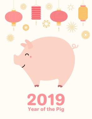 2019 Çin yeni yıl tebrik kartı şirin domuz, fenerler, havai fişek, numaraları, beyaz arka plan üzerinde metin ile. Vektör çizim. Konsept Tatil afiş için, 