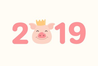 2019 Çin yeni yıl tebrik kartı şirin domuz surat bir taç, numaraları ile. Vektör çizim. Konsept Tatil afiş için
