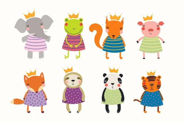 Sevimli Komik Hayvanlar Prensesler Kron Beyaz Arka Plan Üzerinde Elbise — Stok Vektör
