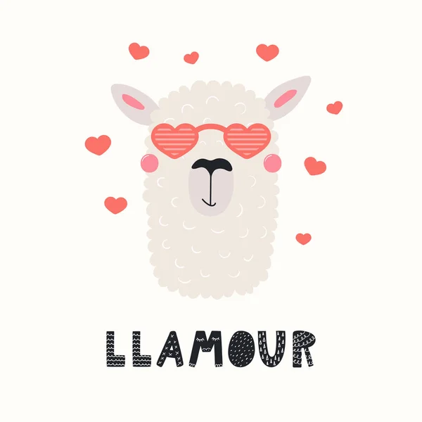 모양의 텍스트 Llamour의 귀여운 라마와 발렌타인 카드를 그립니다 일러스트입니다 스칸디나비아 — 스톡 벡터