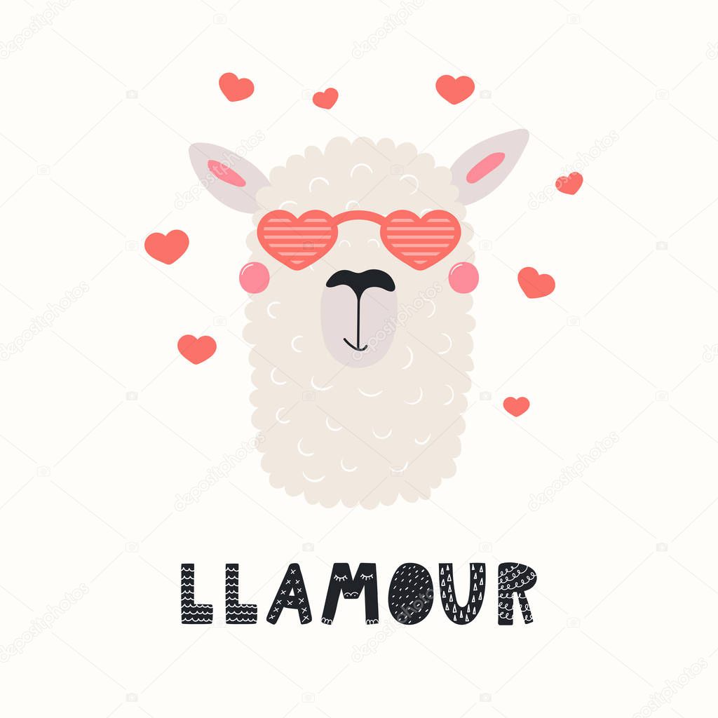 Hand drawn Valentines day card with cute funny llama in heart shaped glasses, text Llamour. Vector illustration. Scandinavian style flat design. Concept for celebration 