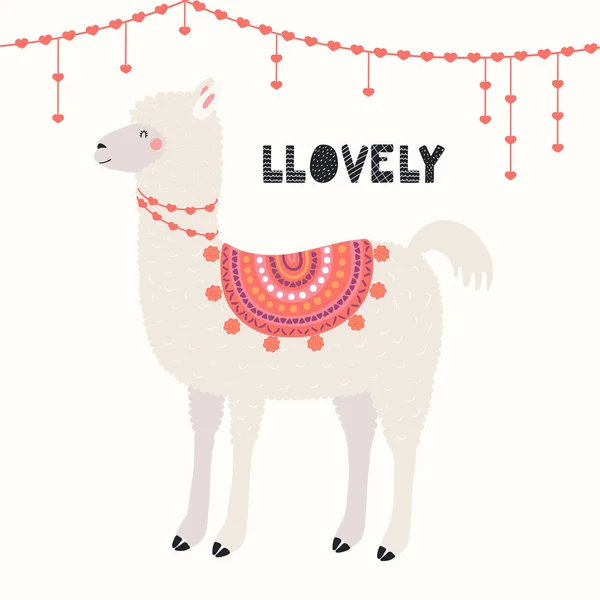 Hand Getekende Valentijnsdag Kaart Met Leuke Grappige Lama Hart Decoraties — Stockvector