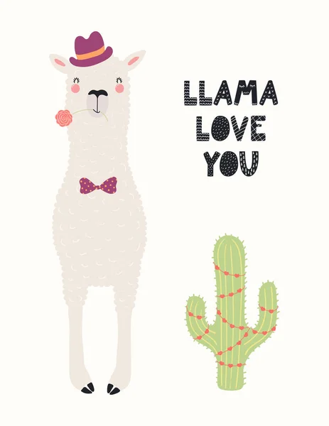 Hand Drawn Valentines Day Card Cute Funny Llama Hat Bow — Stock Vector