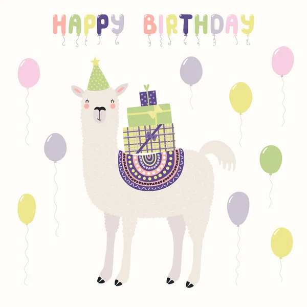 Carta Dibujada Mano Con Linda Llama Divertida Sombrero Fiesta Llevando — Vector de stock