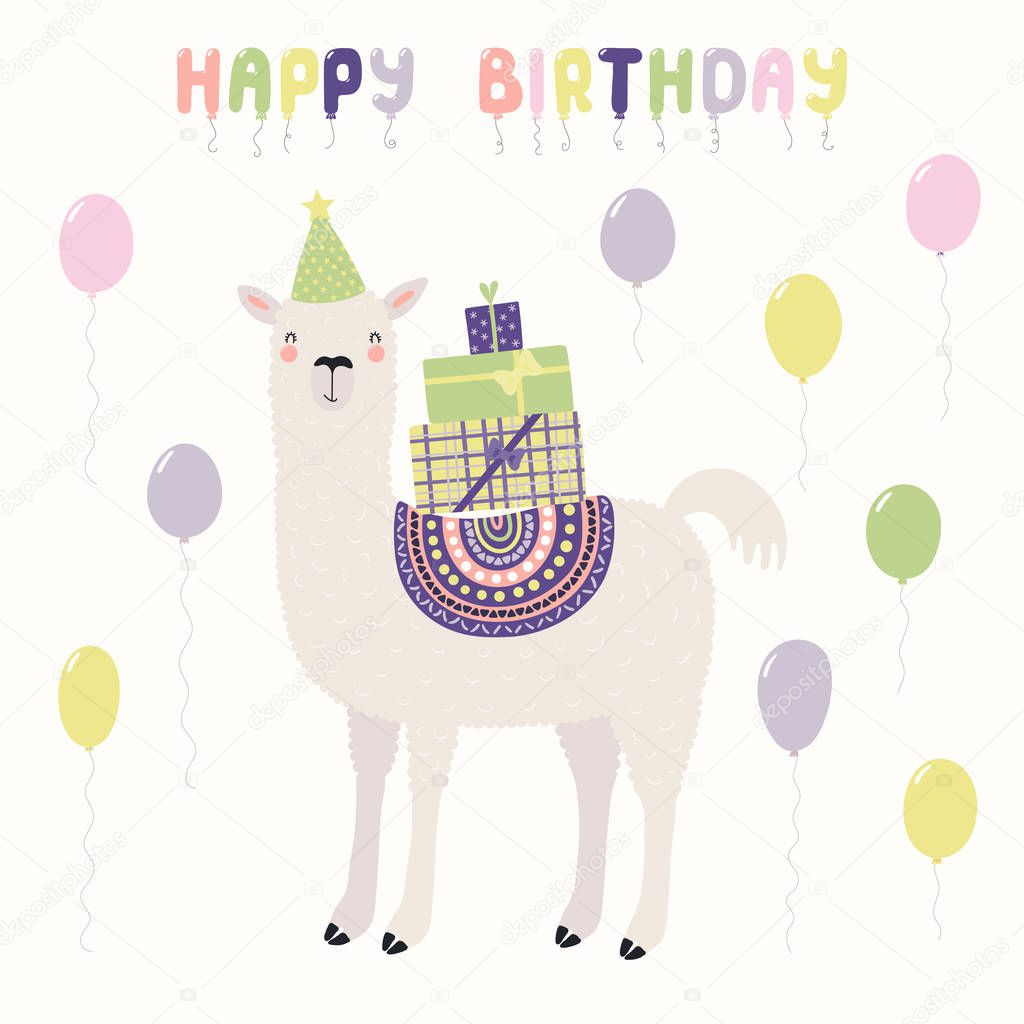 Hand drawn card with cute funny llama in  party hat carrying presents and balloons with text Happy birthday. Vector illustration. Scandinavian style flat design. Concept for invite 