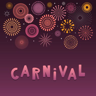 Metin karnaval koyu arka plan üzerinde renkli havai fişek. Vektör çizim. Düz stil tasarım. Konsept Tatil afiş için