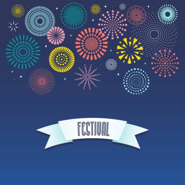 Şerit üzerindeki metin Festivali ile koyu arka plan üzerinde renkli havai fişek. Vektör çizim. Düz stil tasarım. Konsept Tatil afiş için 