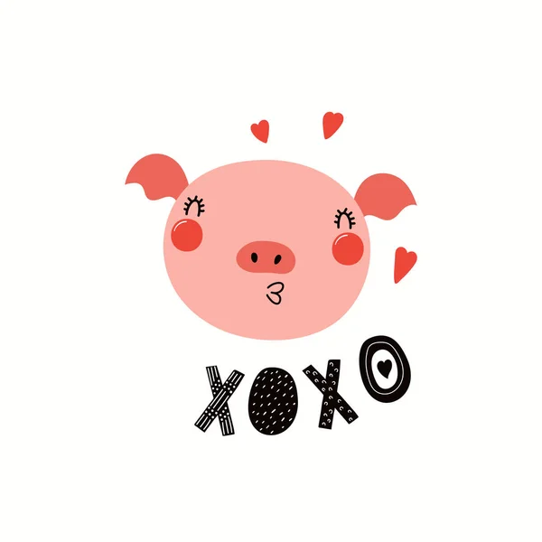 手绘情人节卡片与可爱有趣的猪 Xoxo 查出在白色背景 向量例证 斯堪的纳维亚风格的平面设计 概念儿童打印 — 图库矢量图片