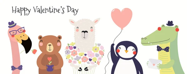 Ręką Narysowane Karty Zwierzetami Śmieszne Serca Tekst Happy Valentines Day — Wektor stockowy