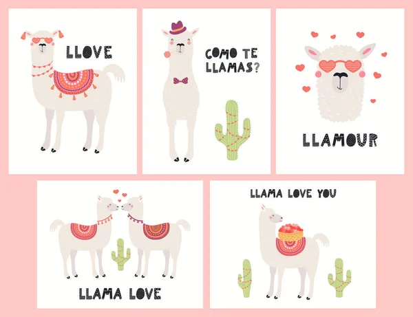 Conjunto Tarjetas San Valentín Con Lindas Llamas Divertidas Cactus Con — Archivo Imágenes Vectoriales