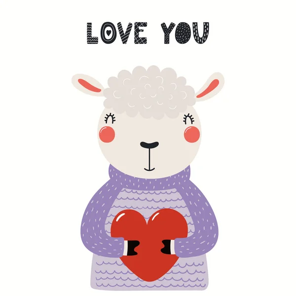 心を持って面白い羊はかわいい手描き下ろしバレンタインの日カード テキストは白い背景の免震を愛する ベクトルの図 北欧スタイルのフラットなデザイン コンセプト子供印刷 — ストックベクタ