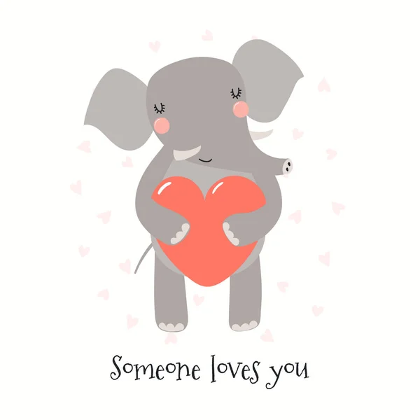 Tarjeta San Valentín Dibujada Mano Con Lindo Elefante Divertido Sosteniendo — Vector de stock