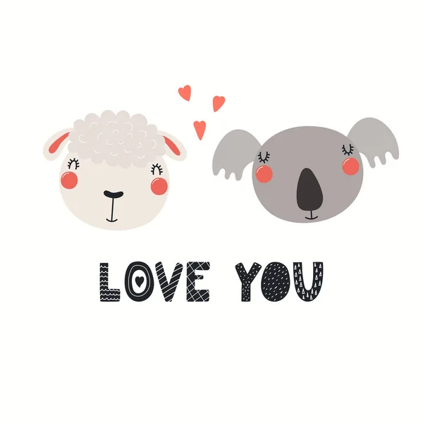 Ręcznie Rysowane Walentynki Karty Cute Owiec Śmieszne Koala Serca Tekst — Wektor stockowy