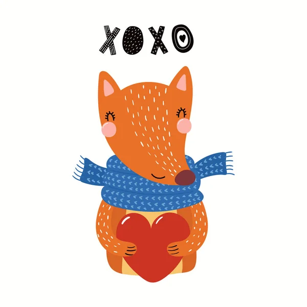 Ręcznie Rysowane Walentynki Karty Ładny Zabawny Fox Gospodarstwa Serca Tekst — Wektor stockowy
