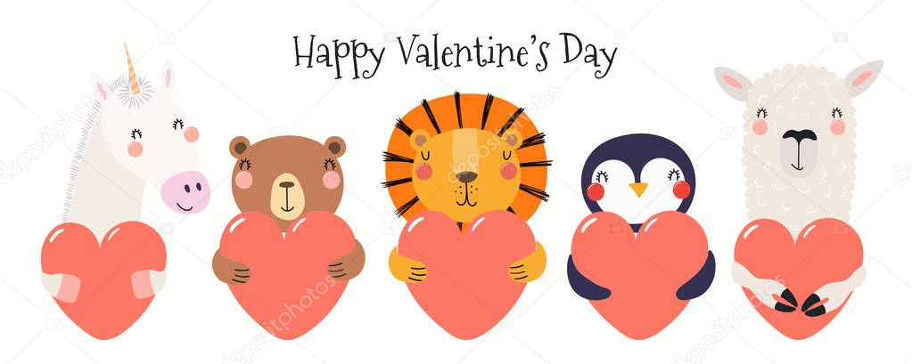Hand drawn card with cute funny animals holding hearts, text Happy Valentines day Isolated on white background. Vector illustration. Scandinavian style flat design. Concept children print