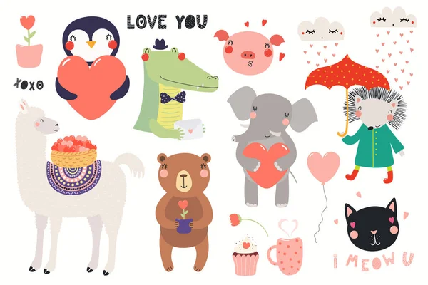 Большой День Святого Валентина Милыми Забавными Животными Сердечками Текстом Выделенными — стоковый вектор