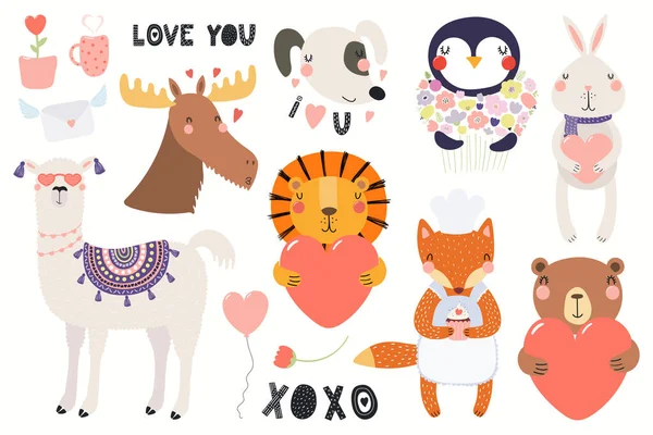 Big Valentines Ensemble Avec Des Animaux Drôles Mignons Avec Des — Image vectorielle