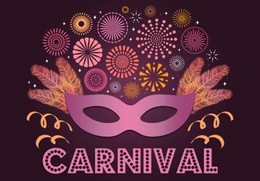 Renkli havai fişek ve karnaval maskesi metin karnaval koyu arka plan üzerinde tüyleri ile. Vektör çizim. Düz stil tasarım. Kavram afiş için