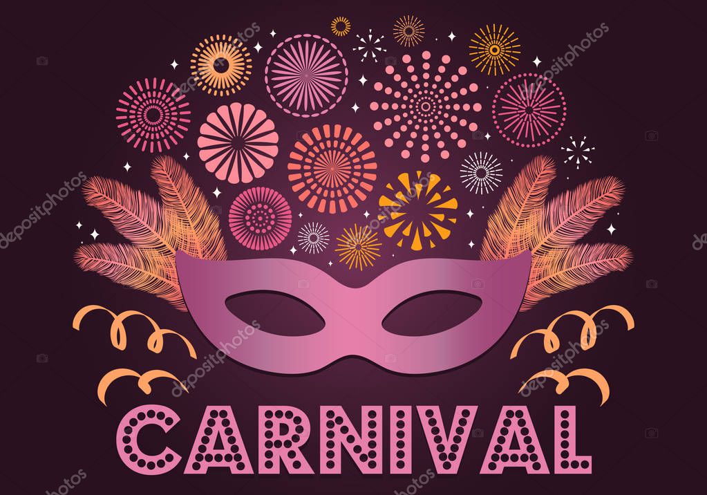 Colorful fireworks and carnival mask with feathers on dark background with text Carnival. Vector illustration. Flat style design. Concept for banner