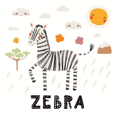 Elle çizilmiş vektör çizim Afrika peyzaj ve metin ile sevimli bir zebra. İskandinav tarzı düz tasarım. Çocuklar baskı için kavramı.