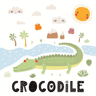 Elle çizilmiş vektör çizim Afrika peyzaj ve metin ile sevimli bir timsah. İskandinav tarzı düz tasarım. Çocuklar baskı için kavramı.