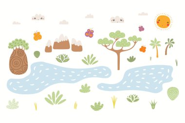 El şirin Afrika yatay, ağaçlar ve bitkiler ve göller, Güneş ile Dağları vektör çizim çekilmiş. İskandinav tarzı düz tasarım. Çocuklar baskı için kavramı.