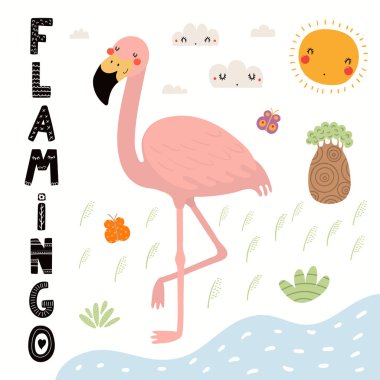 El Afrika peyzaj ve metin ile şirin flamingo vektör çizim çekilmiş. İskandinav tarzı düz tasarım. Çocuklar baskı için kavramı.