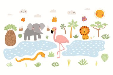 Sevimli hayvanlar aslan, flamingo, fil, yılan yılında Afrika manzara elle çizilmiş vektör çizim. İskandinav tarzı düz tasarım. Çocuklar baskı için kavramı.