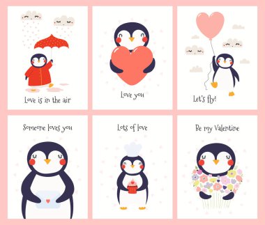 Set of hand drawn Valentines day cards with cute funny penguins and hearts. Vector illustration. Scandinavian style flat design. Concept kids print