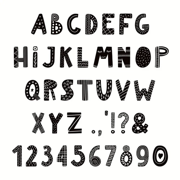 Alfabeto Latino Dibujado Mano Estilo Escandinavo Con Números Signos Puntuación — Archivo Imágenes Vectoriales