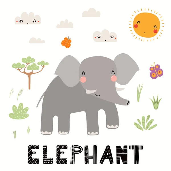 Ilustración Vectorial Dibujada Mano Elefante Lindo Con Paisaje Africano Texto — Vector de stock