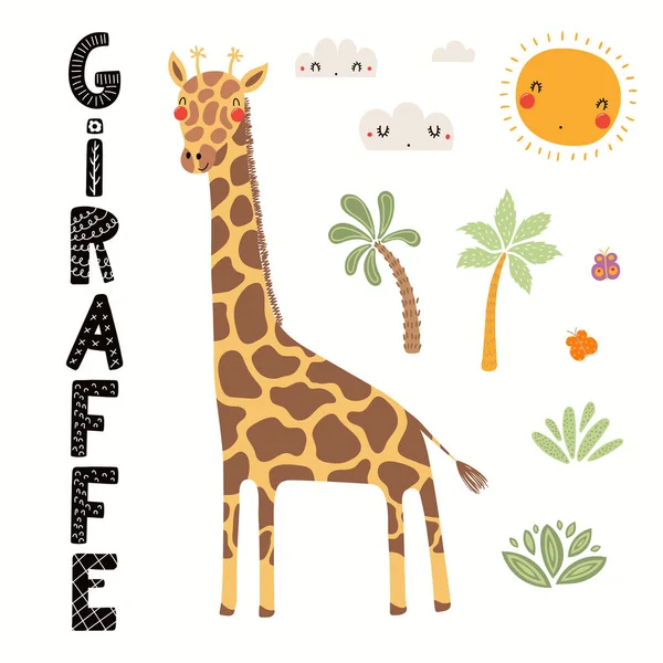 Illustrazione Vettoriale Disegnata Mano Giraffa Carina Con Paesaggio Africano Testo — Vettoriale Stock