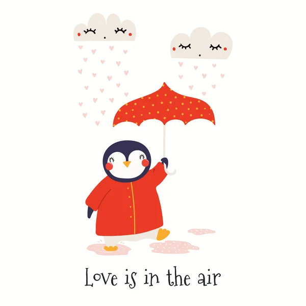Sevimli Penguen Ile Sevgililer Günü Kartı Şemsiye Kalpler Havada Aşk — Stok Vektör