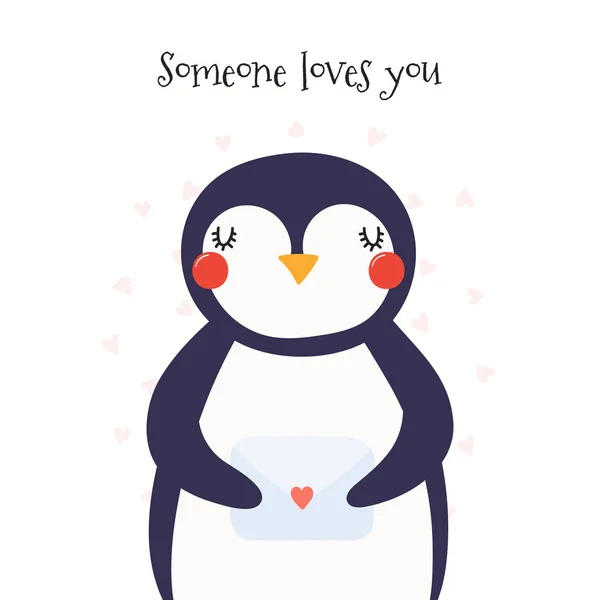 Hand Drawn Valentines Day Card Cute Penguin Letter Hearts Text — Stock Vector