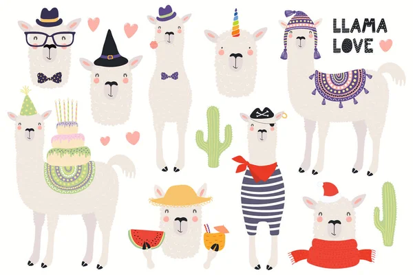 Set Cute Funny Llamas Pirate Summer Witch Unicorn Birthday Hipster — Stock Vector